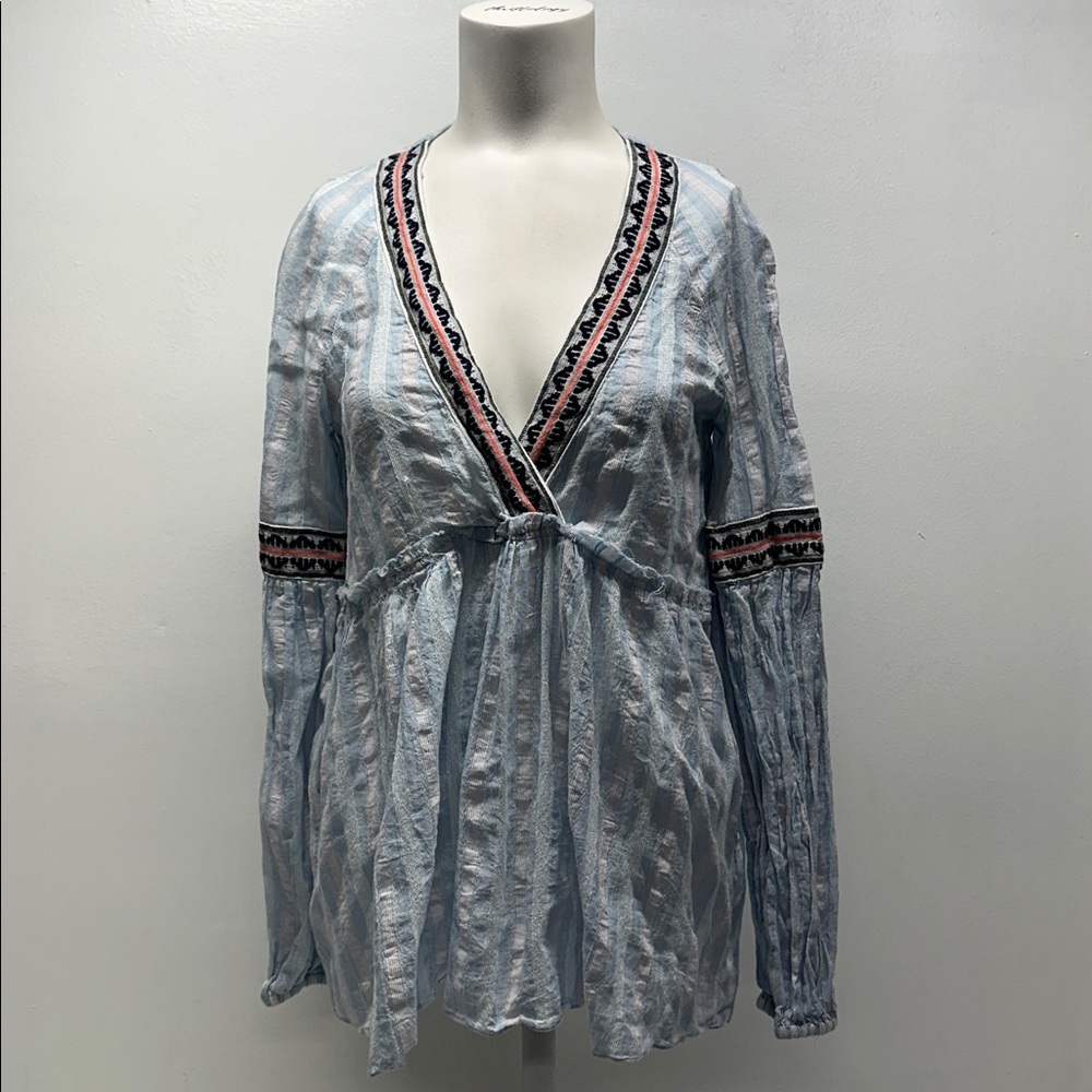 Lemlem Blouse Tunic Long Sleeve V-Neck Shirt Cotton Lightweight Blue Size Small